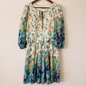 Eliza J Watercolor/Multi-Color Dress Elastic Sleeves Size 14
